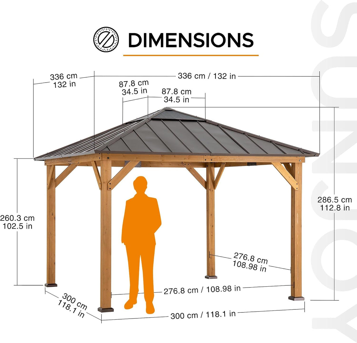 Sunjoy Hardtop Gazebo 11 x 11 ft. Cedar Framed Wood Gazebo with Brown Steel and Polycarbonate Hip Roof Hardtop for Garden, Backyard Shade