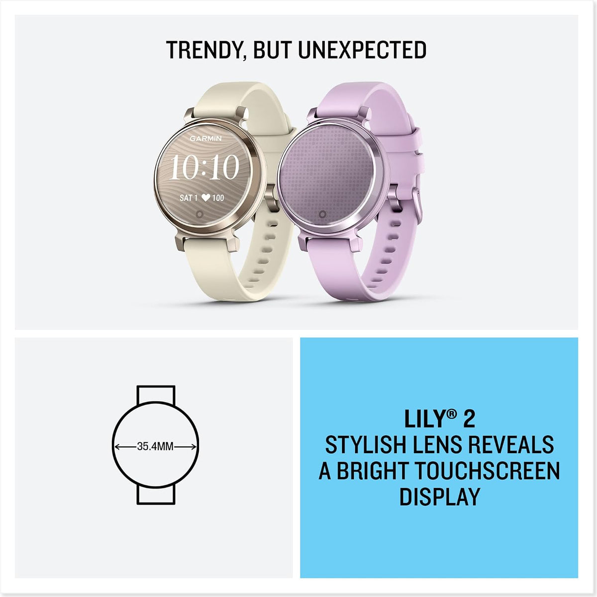 Garmin Lily 2, Small and Stylish Smartwatch, Hidden Display, Patterned Lens, Up to 5 Days Battery Life, Lilac (Renewed)