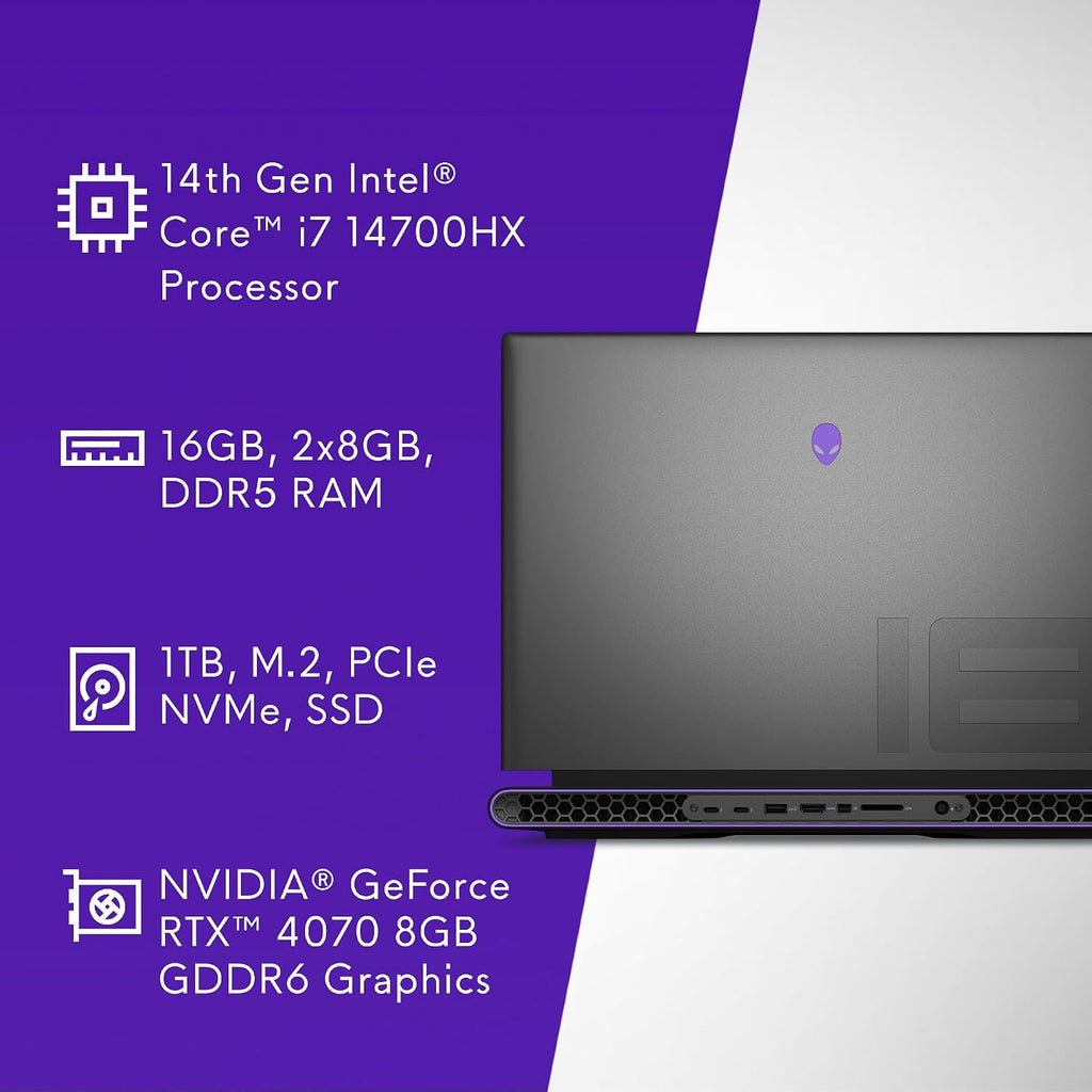 Alienware M18 Gaming Laptop - 18-inch QHD+ 165Hz 3ms Display, Intel Core i7-14700HX, 16GB DDR5 RAM, 1TB SSD, NVIDIA GeForce RTX 4070 8GB GDDR6, Windows 11 Home, Onsite Service - Dark Metallic Moon