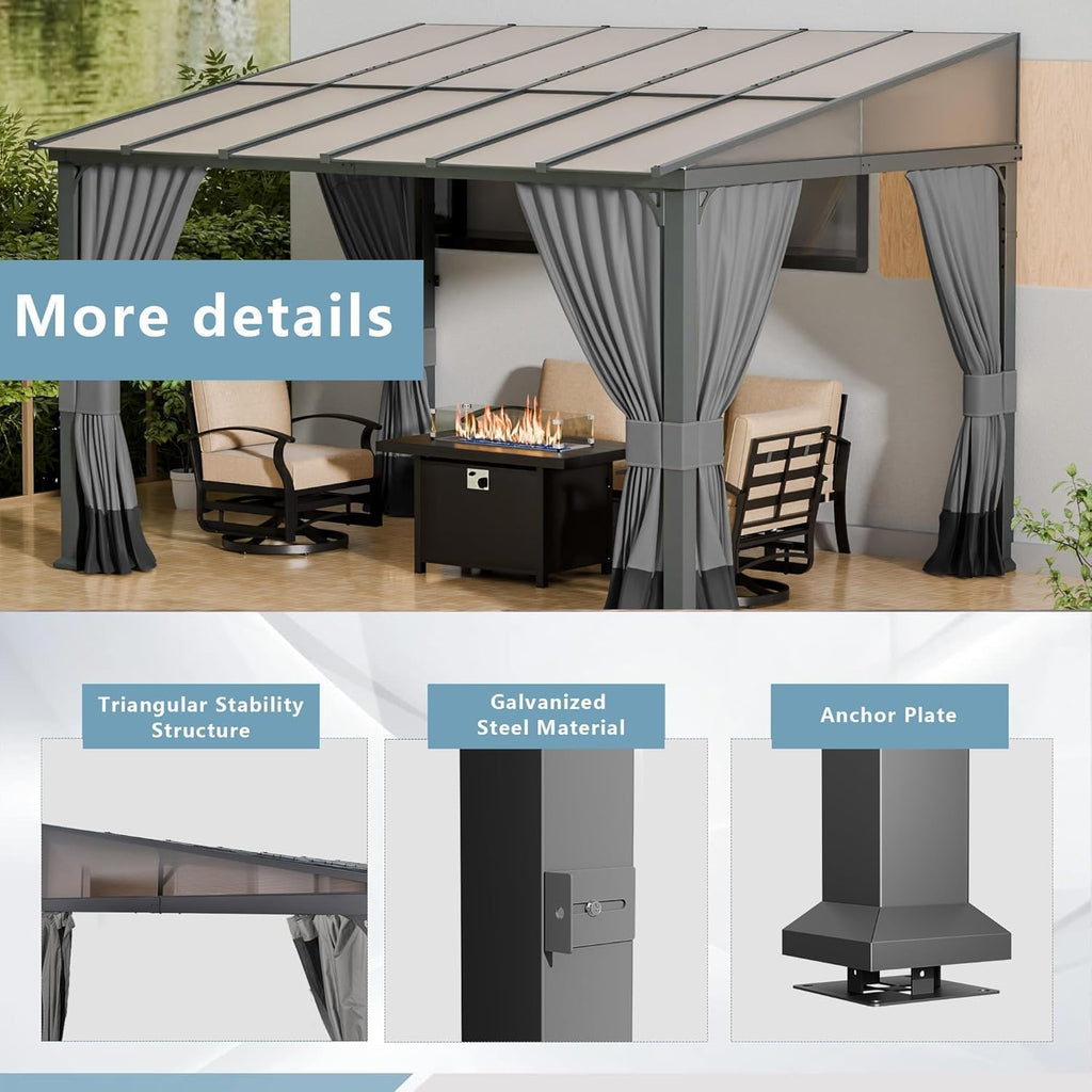 ALAULM 10'x 12' Outdoor Hardtop Pergola, Lean to Gazebo with Curtains and Netting,Large Wall-Mounted Heavy Duty Awnings for Patio, Backyard, Deck and Lawns-Grey