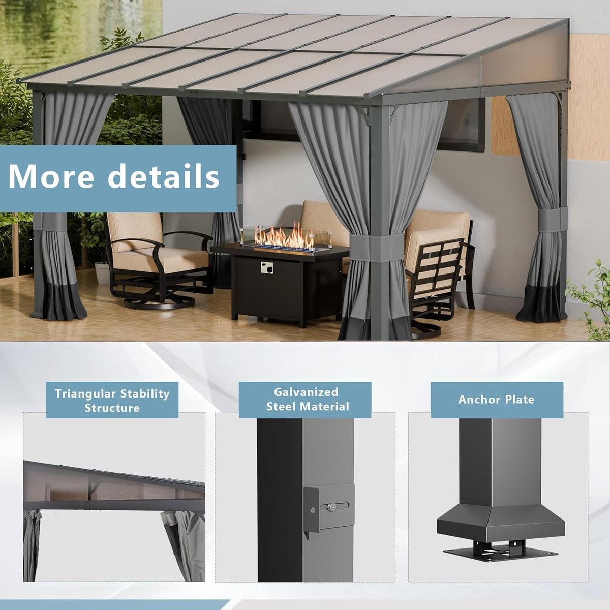 ALAULM 10'x 12' Outdoor Hardtop Pergola, Lean to Gazebo with Curtains and Netting,Large Wall-Mounted Heavy Duty Awnings for Patio, Backyard, Deck and Lawns-Grey