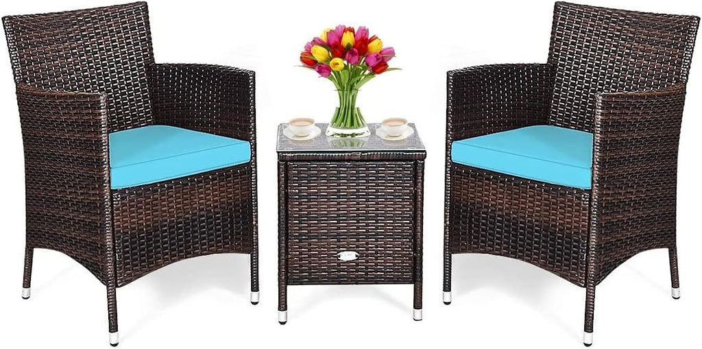 HAPPYGRILL 3-Pieces Patio Furniture Set Outdoor Rattan Wicker Conversation Set with Coffee Table Chairs & Cushions for Patio Garden Lawn Backyard Poolside