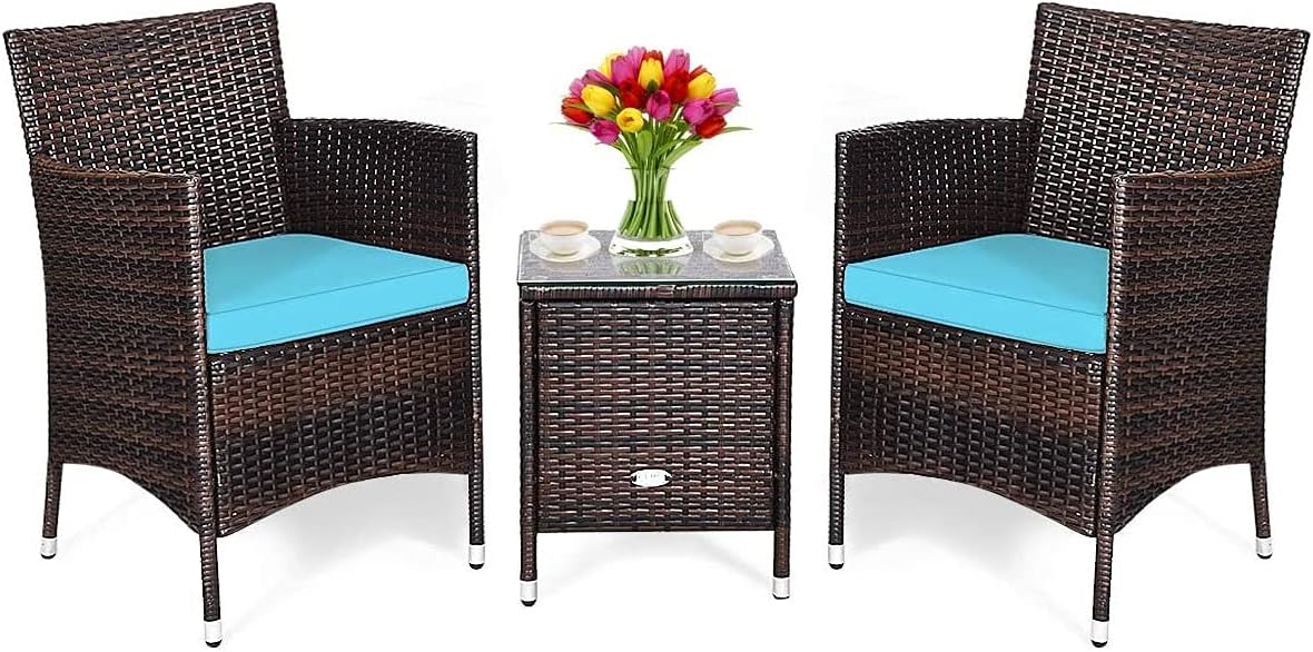 HAPPYGRILL 3-Pieces Patio Furniture Set Outdoor Rattan Wicker Conversation Set with Coffee Table Chairs & Cushions for Patio Garden Lawn Backyard Poolside