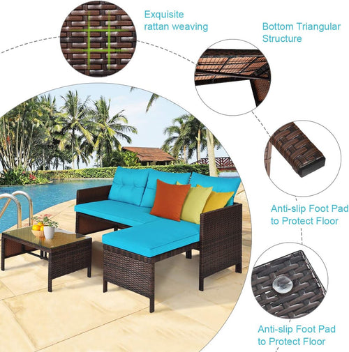 3 Pieces Rattan Sectional Sofa Set, Patio Wicker Rattan Conversation Set with Chaise Lounge, Love Seat & Coffee Table, Patio Furniture Set for Garden, Lawn, Poolside (Turquoise)