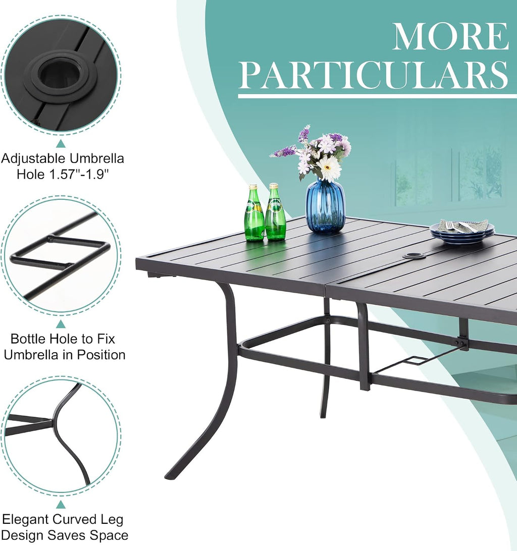 MFSTUDIO Outdoor Dining Set for 6, Patio Furniture Set with Navy Umbrella (Base not Included), Outdoor Rectangle Table and Navy Swivel Chairs Set for Patio, Deck, Backyard, Garden