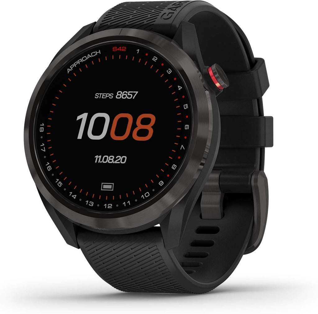 Garmin Approach S42, GPS Golf Smartwatch, Lightweight with 1.2' Touchscreen, 42k+ Preloaded Courses, Gunmetal Ceramic Bezel and Black Silicone Band, 010-02572-10