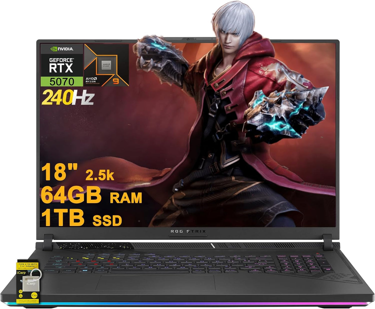 ASUS ROG Strix G18 G814 Gaming Laptop 18' 2.5k (2560x1600) 240Hz (100% DCI-P3) AMD 16-core Ryzen 9 9955HX (>i9-14900HX) 64GB DDR5 1TB SSD GeForce RTX 5070 RGB Backlit FHD Camera Win11 ICP Hub