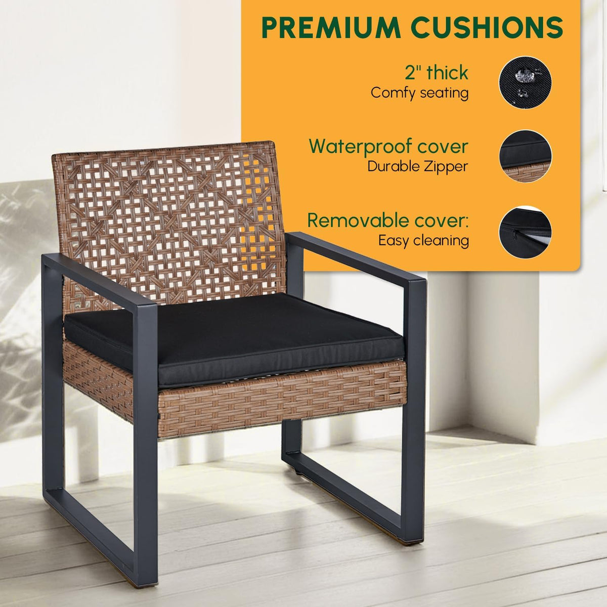 BEEFURNI Wicker Patio Furniture Outdoor Conversation Set of 4, Rattan Outdoor Furniture Set, Acacia Wood Table, 2 Chairs, 1 Loveseat, 2' Cushions, All Weather Set for Patio, Porch, Balcony (Brown)