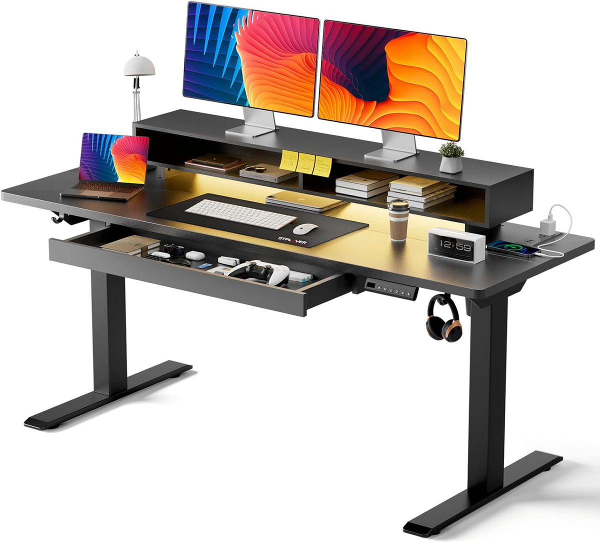 GTPLAYER Electric Standing Desk with Drawers, 55 x 24 Inch Height Adjustable Gaming Desk with Monitor Stand, Power Outlets & LED Lights, Home Office Sit Stand Up Desk with Memory Preset (Black)
