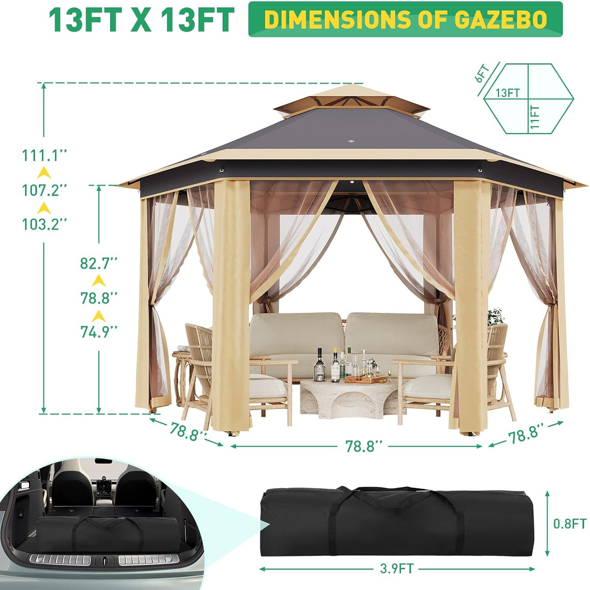 13' x 13' Pop-Up Gazebo, Hexagonal Canopy Shelter with 6 Zippered Mesh Netting, Event Tent with Strong Steel Frame for Backyard, Garden, Lawn, Khaki and Beige