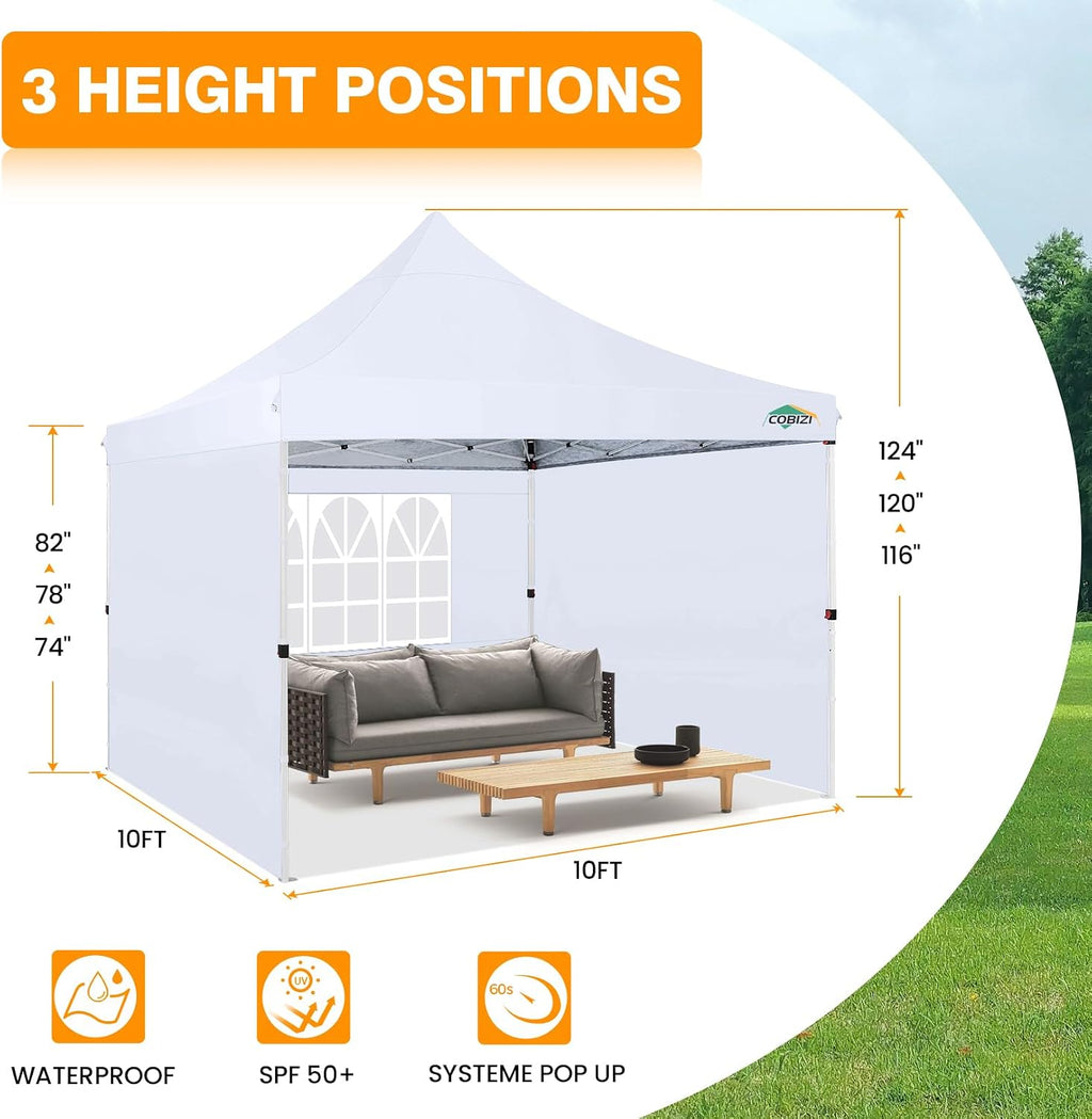 COBIZI 10x10 Pop Up with 3 Sidewalls, Canopy Tent 10x10 for Parties, Backyard, Commercial, Waterproof and Portable Instant Shelter UV50+ Outdoor Canopy Gazebo with 4 Sandbags(White)