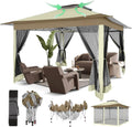 COBIZI 12x12 Pop Up Gazebos On Clearance - Upgrade Easy Up Metal Outdoor Gazebo Waterproof - Portable Gazebo with Mosquito Nettings, 4 Ropes 8 Stakes and Carry Bag for Patio Garden(Khaki)