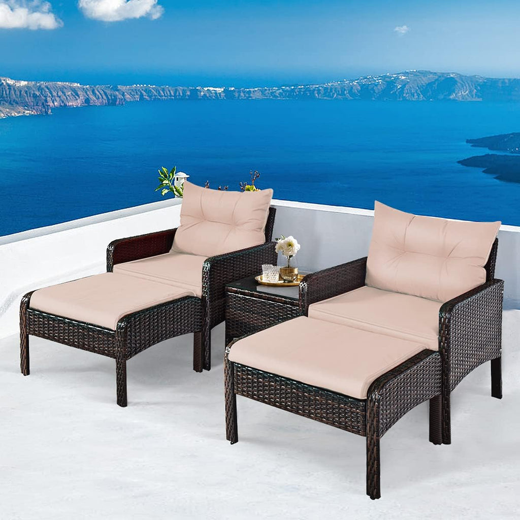 HAPPYGRILL 5-Piece Patio Furniture Set Outdoor Rattan Wicker Conversation Set with Coffee Table Cushioned Sofas and Ottoman Chat Set for Garden Backyard