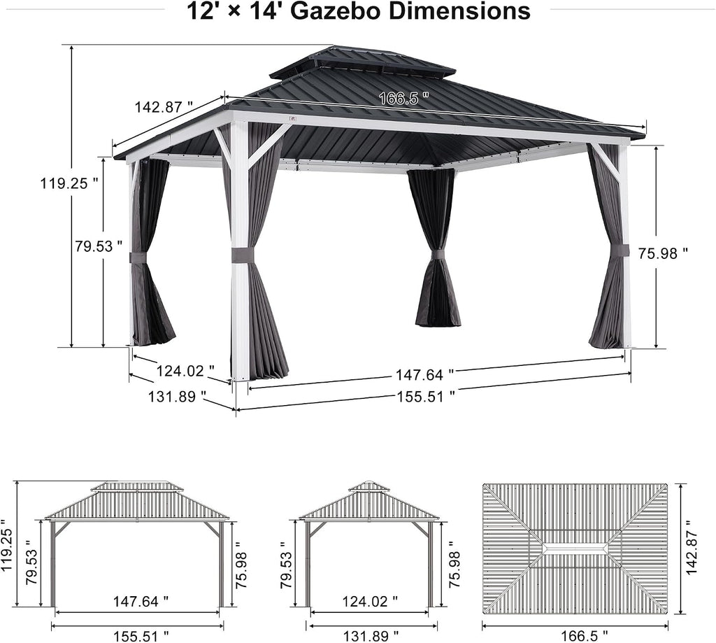 PURPLE LEAF 12' X 14' Hardtop Gazebo Metal Double Roof White Aluminum Frame Outdoor Heavy Duty Gazebo with Curtain and Netting for Patio Garden and Backyard, Grey