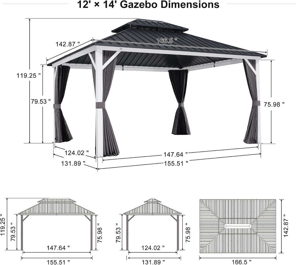 PURPLE LEAF 12' X 14' Hardtop Gazebo Metal Double Roof White Aluminum Frame Outdoor Heavy Duty Gazebo with Curtain and Netting for Patio Garden and Backyard, Grey