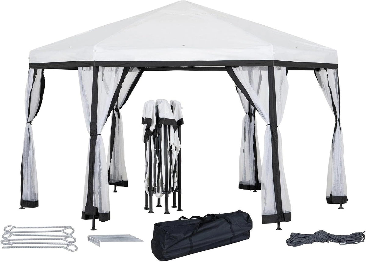 SUNJOY 11x11 ft. Pop Up Gazebo, 2-Tone Portable Canopy/Tent, Outdoor Hexagon Steel Frame Soft Top Gazebo with Mesh Sidewalls and Carry Bag, White & Black