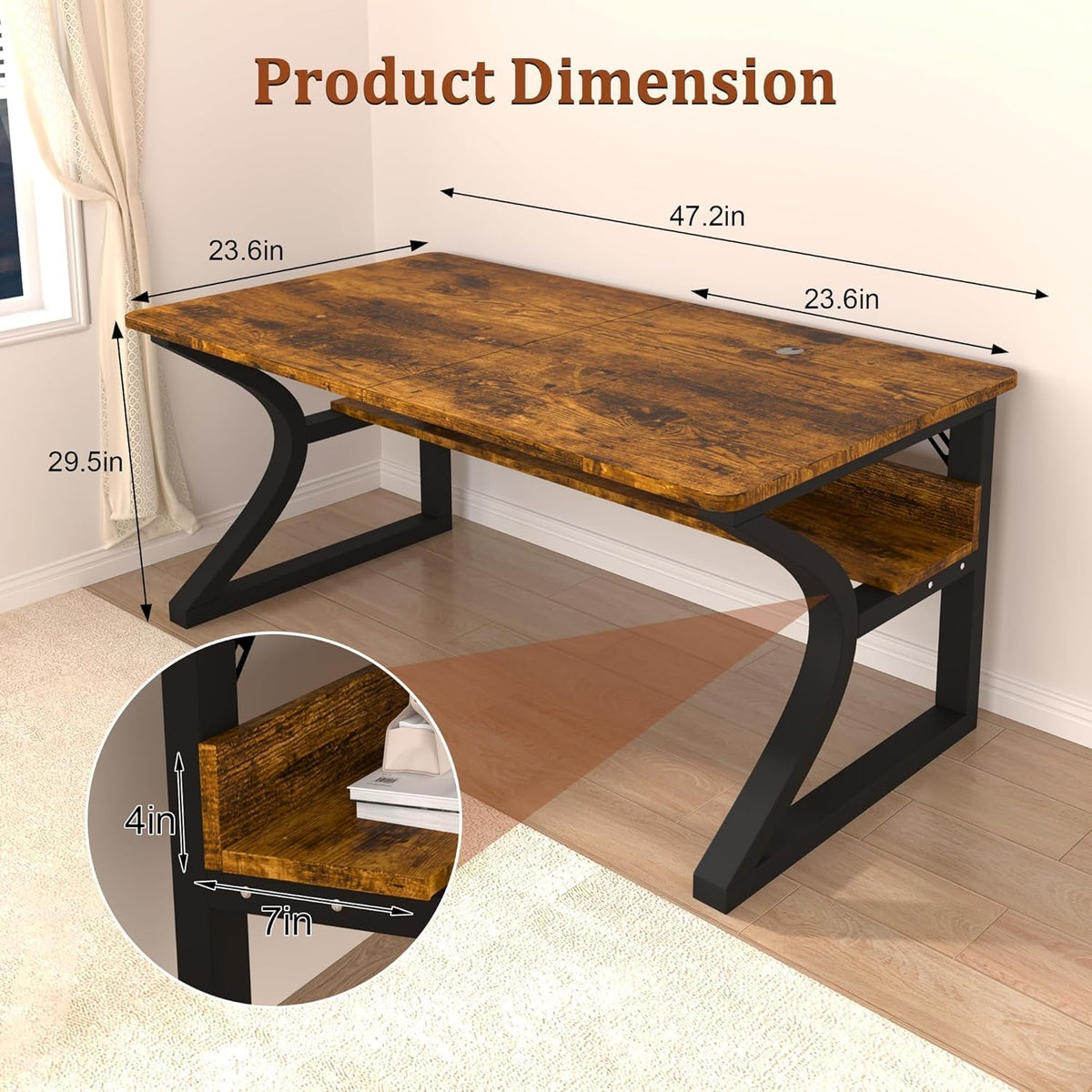 47 inch Computer Desk, Home Office Desk with Storage Shelf, Sturdy U-Shaped Metal Frame Study Table with Cable Management, Gaming Desk for Office & Bedroom, Rustic Brown