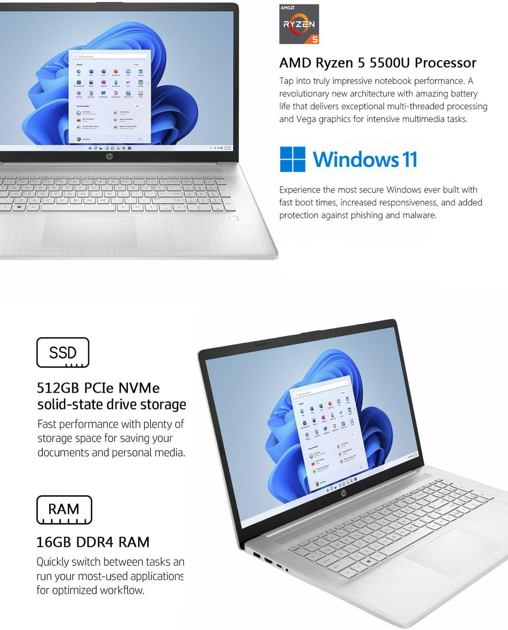HP 17 Laptop, AMD Ryzen 5 5500U 6-core Processor, 16 GB RAM, 512GB SSD, 17.3-inch FHD(1920 x 1080) Anti-Glare IPS Display, Windows 11, Long Battery Life, 720p HD Webcam, Silver, W/GaLiMu