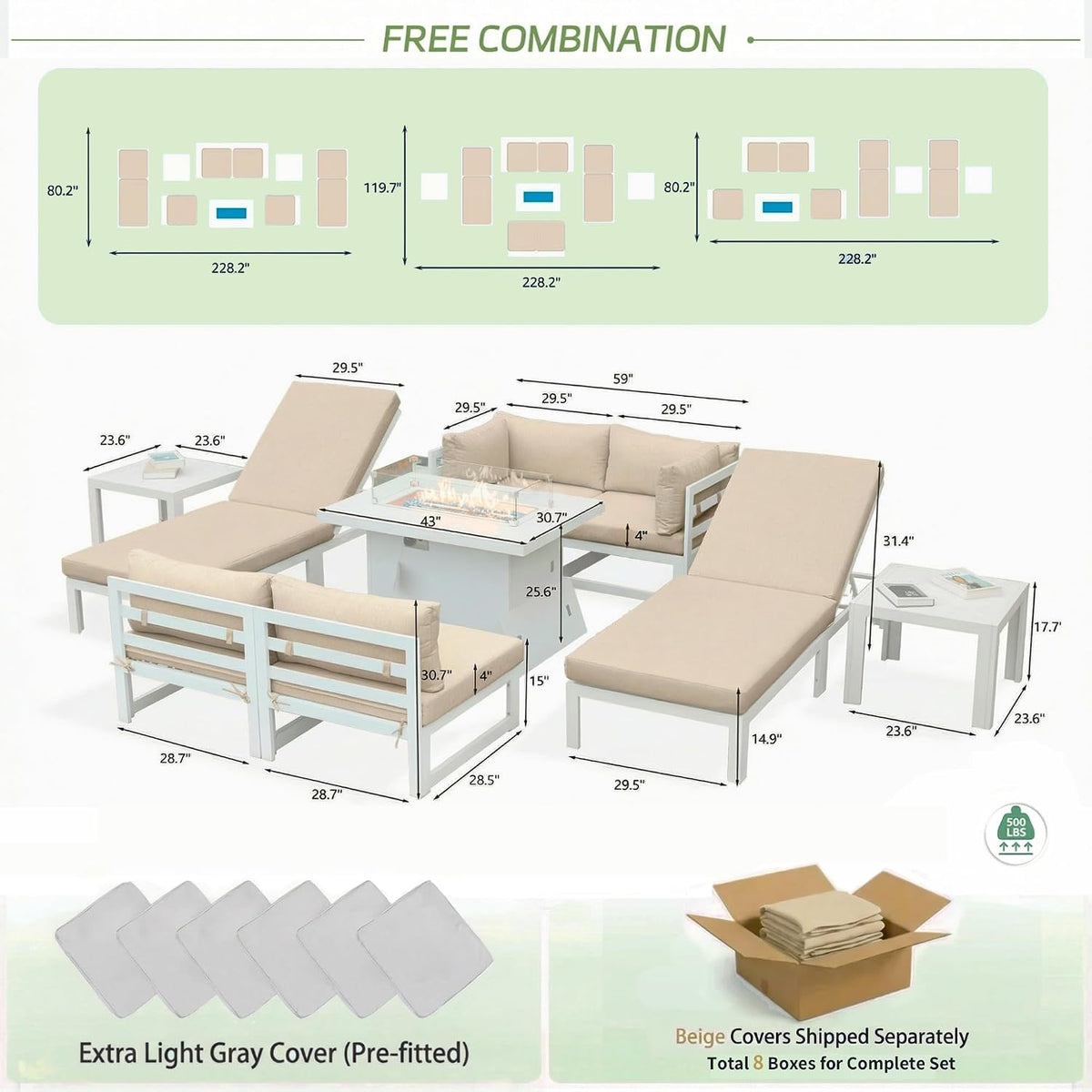 RADIATA 9 Piece Modern Aluminum Outdoor Patio Furniture Set with Lounger & Fire Pit Table, Extra Large All-Weather Modular Sectional Couch, 29' Wide Deep Seating Conversation Sofa for Poolside, Beige