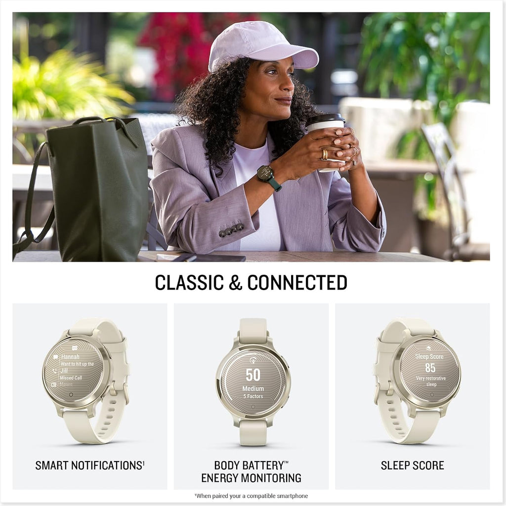 Garmin Lily® 2 Active, Small and Stylish Smartwatch, Built-in GPS, Hidden Display, Patterned Lens, Up to 9 Days Battery Life, Lunar Gold with Bone Silicone Band