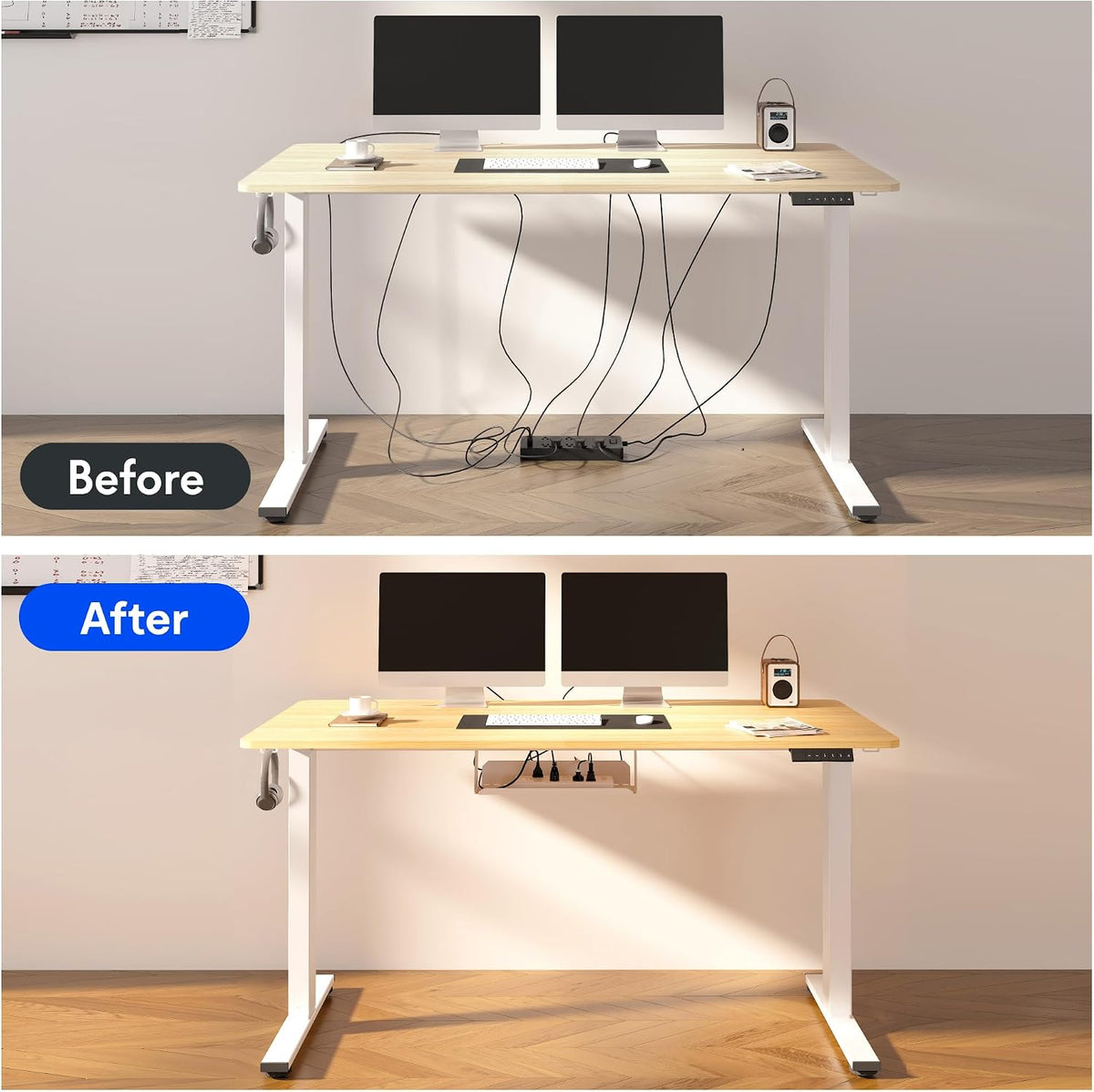 FLEXISPOT EN2 Whole-Piece Standing Desk with Clamp Power Strip, 48 x 24'' Electric Stand Up Height Adjustable Desk with Cable Management (Black Frame + 48' Maple Desktop, 2 Packages)