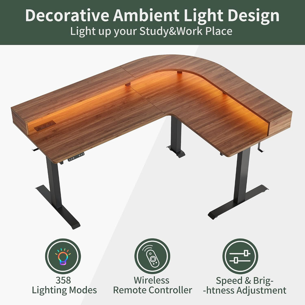 FEZIBO L Shaped Standing Desk with Arc LED & Power Outlet, Exclusive Uprated 3 Motors Support 330LBS, Electric Height Adjustable L Shaped Desk with Large Monitor Stand, for Gaming Office, Black Walnut