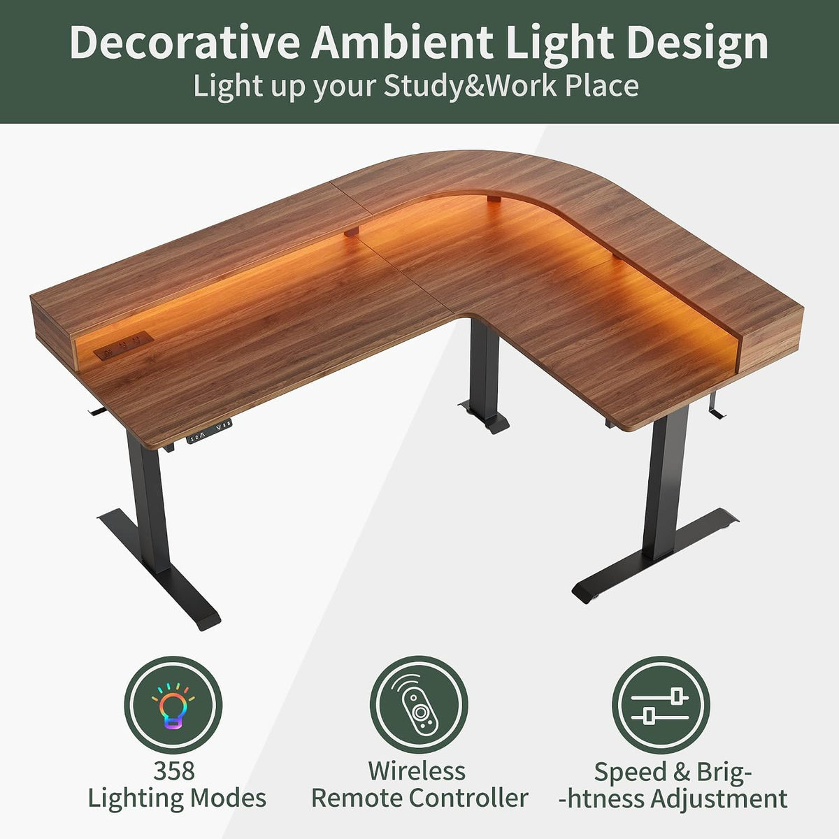 FEZIBO L Shaped Standing Desk with Arc LED & Power Outlet, Exclusive Uprated 3 Motors Support 330LBS, Electric Height Adjustable L Shaped Desk with Large Monitor Stand, for Gaming Office, Black Walnut