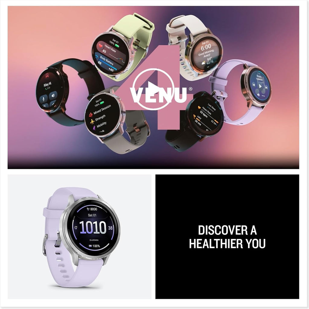 Garmin Venu 4 (41mm) GPS Smartwatch Silver with Periwinkle Silicone Band Bundle w/Deco Essentials Charging Dock, 3-Pack Dust Covers & 2-Pack 1.2' Screen Protectors