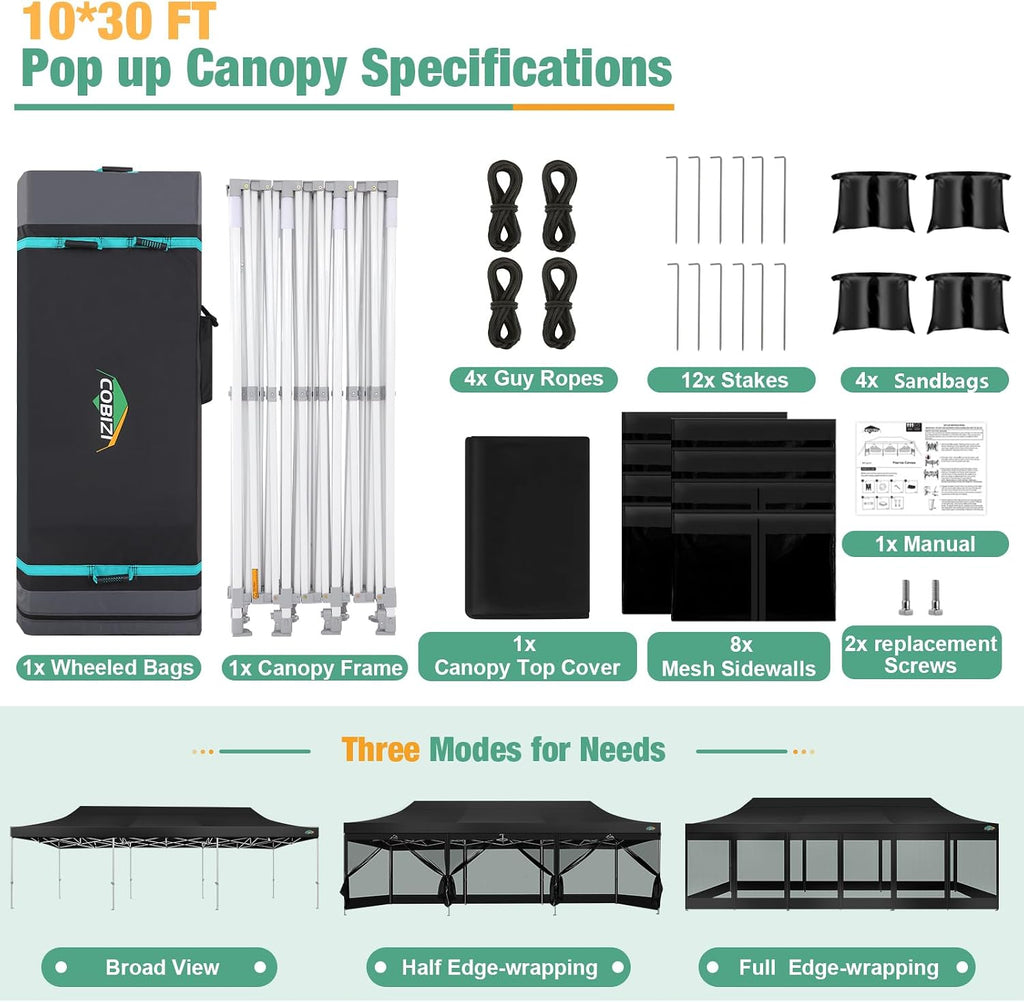 COBIZI 10x30 Canopy Tent, Heavy Duty Pop up Canopy with Sidewalls, Waterproof Easy Setup Canopy with Mosquito Netting, Outdoor Instant Screen Tents for Parties, Wedding with Roller Bag, Black