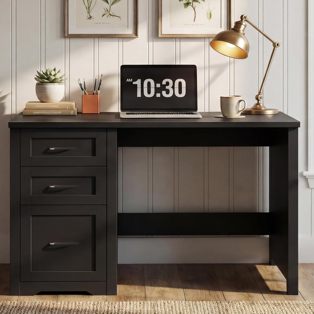 Vabches Farmhouse 47' Executive Desk with File Drawer, Mutual Installation Rustic Computer Desk with 2 Storage Drawers,Office Home Workstation for Work Study Writing, Black