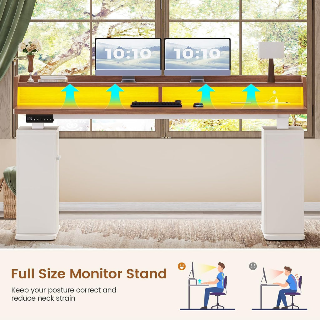 SEDETA Standing Desk with Storage, 55' Fluted Stand Up Desk with Power Outlets & LED Lights, Height Adjustable Table with Monitor Shelf for Home Office, Gaming, Brown + White