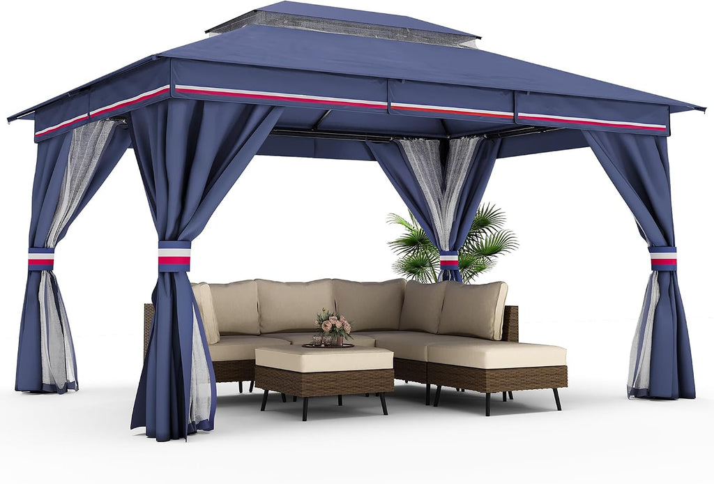 LAUSAINT HOME Patio Gazebo 10'x13', Outdoor Heavy Duty Party Tent Shelter with Double Roofs, Mosquito Nettings and Privacy Screens for Backyard, Garden, Lawn, Classic Blue