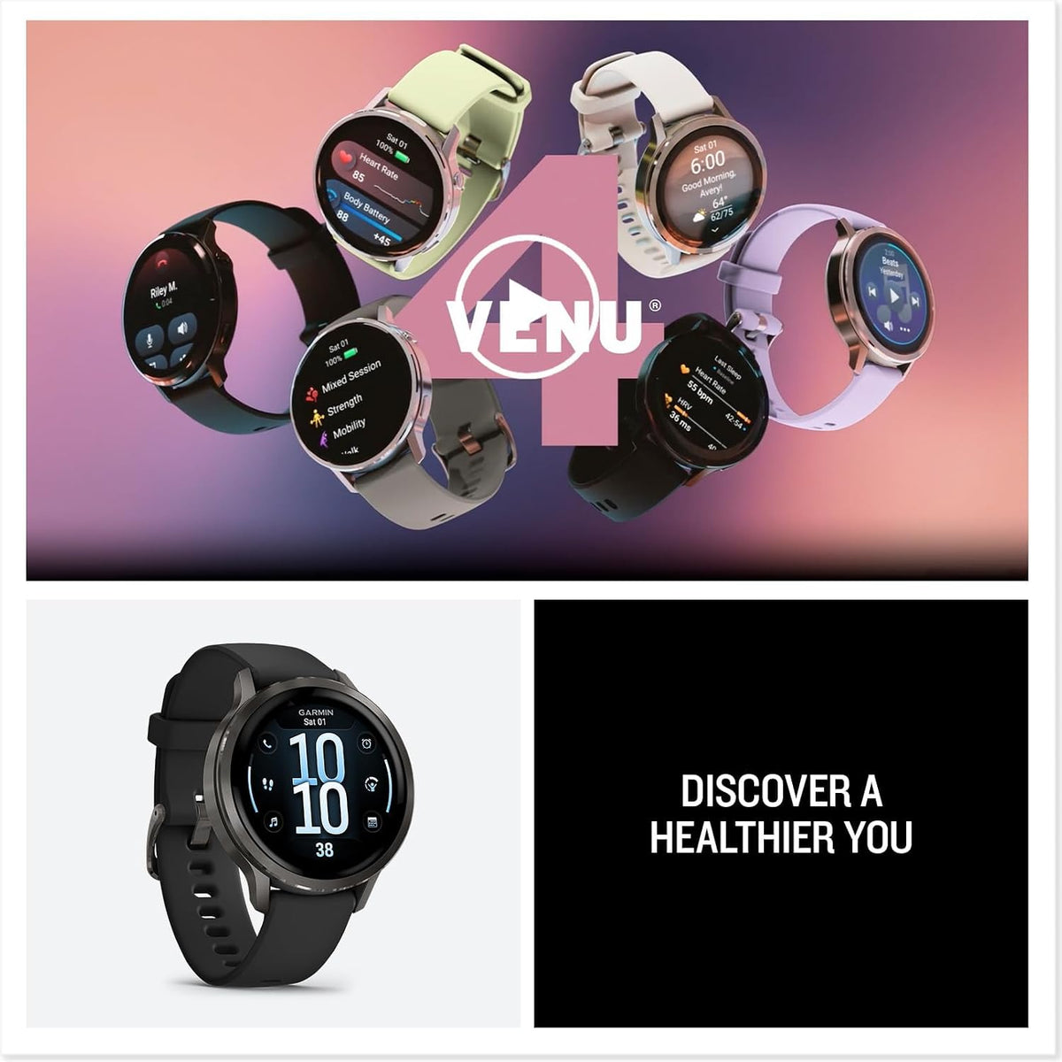 Garmin Venu 4 (41mm) GPS Smartwatch Slate with Black Silicone Band Bundle w/Deco Essentials Charging Dock, 3-Pack Dust Covers & 2-Pack 1.2' Screen Protectors
