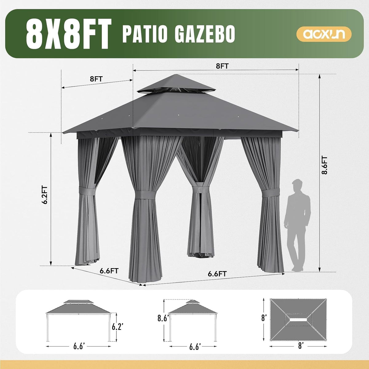 Aoxun 8x8 Outdoor Gazebo for Patio, Metal Frame Canopy Gazebo Double Roof Heavy Duty Small Gazebo, Backyard Gazebo with Mosquito Netting & Privacy Screen for Garden Lawn Deck (Grey)