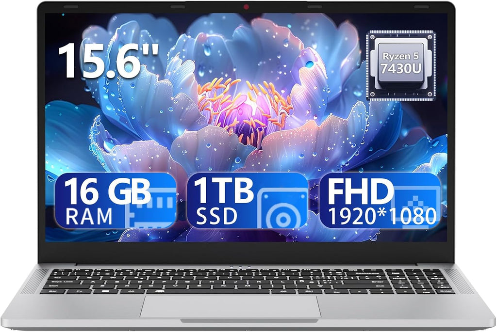 DUNHOO Laptop with Ryzen 7430U Processor(6C/12T,up to 4.3GHz) (Beat i7-1355U), Laptop Computer Win 11 Pro, Traditional Laptops 16GB DDR4 1TB SSD 15.6' Full HD IPS Display 1MP Camera Type-C BT 5.