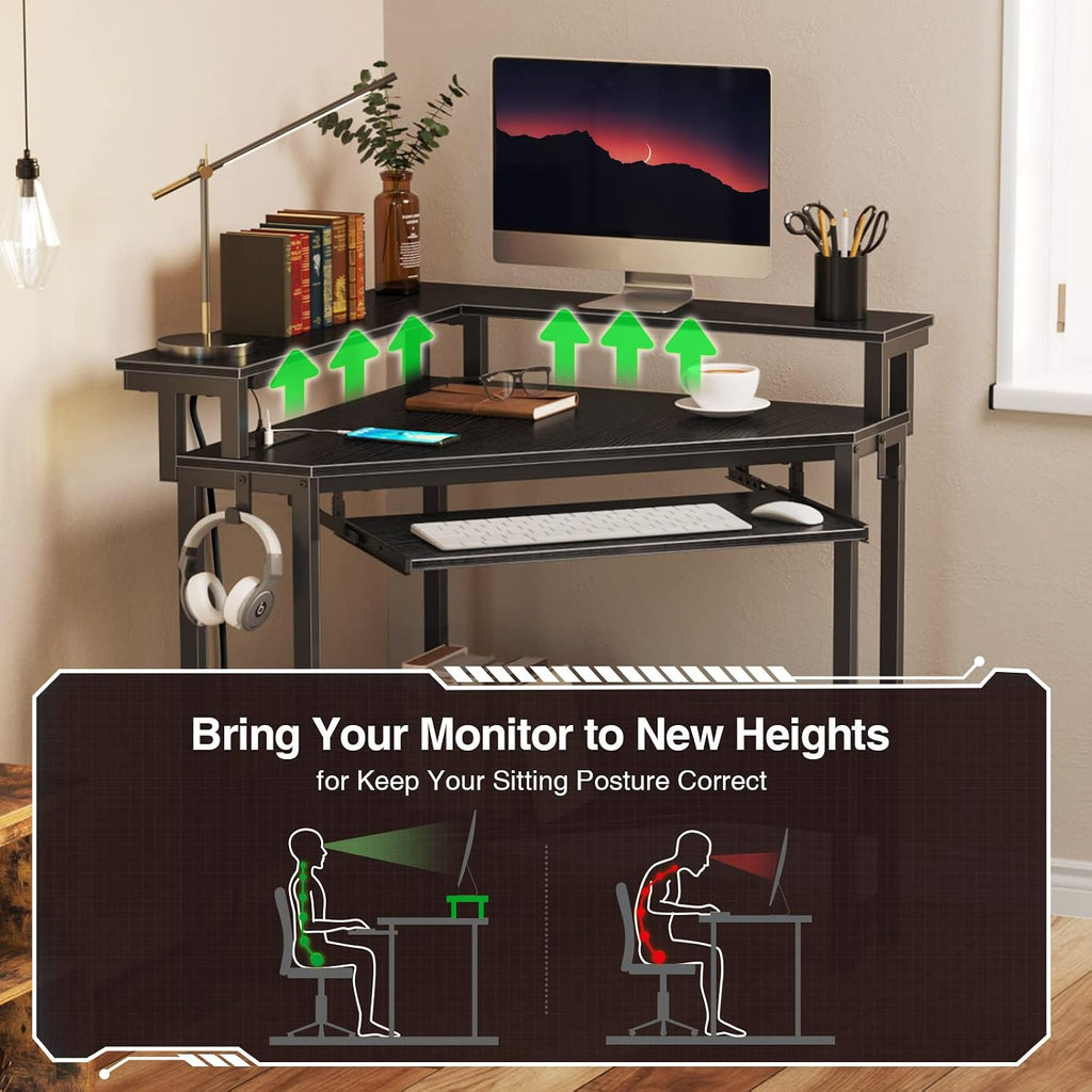 Rolanstar Corner Desk,44' W x 34' H Small Computer Desk with Power Outlets, Gaming Desk with LED Lights, Triangle Corner Table with Keyboard Tray & Monitor Stand for Small Space, Black