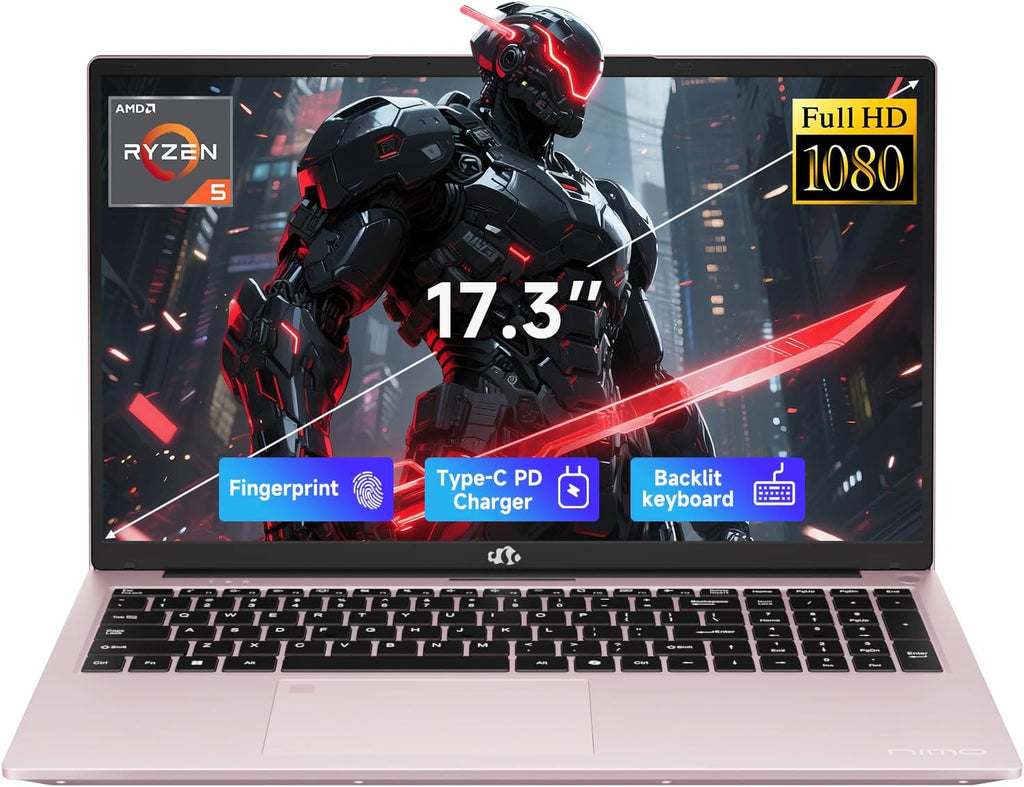 NIMO 17.3' IPS FHD-Gaming-Laptop, AMD Ryzen 5 6600H 16GB DDR5 RAM 1TB SSD (Beat i7-1165G7 Up to 4.5GHz) Radeon 660M GPU-Computer with 100W Type-C Backlit Keyboard Fingerprint