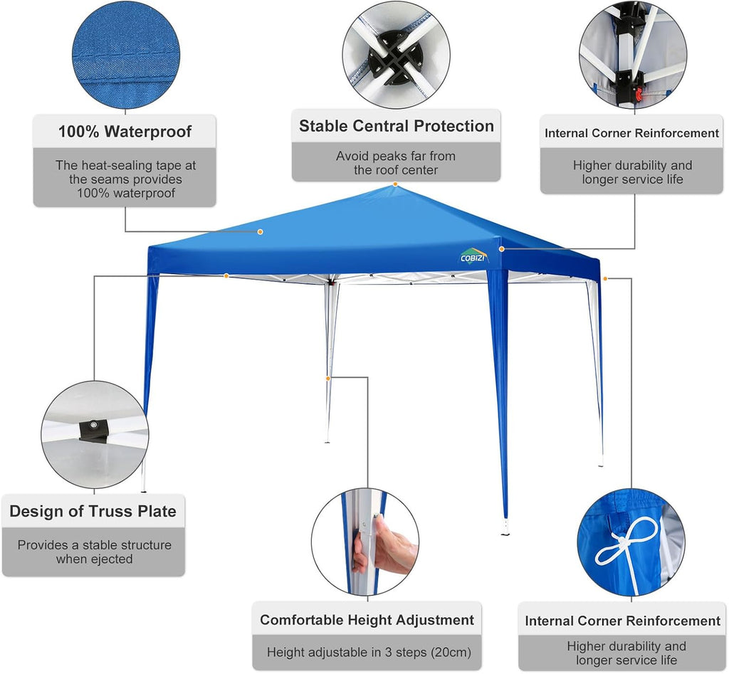 COBIZI 10x10 Pop Up Canopy Tent with 4 Sandbags, Easy Set Up Gazebo, Instant Outdoor Sun Shade &Waterproof Canopy with 8 Stakes,4 Ropes&Carry Bag, Tents for Parties, Beach, Backyard,Camping(Blue