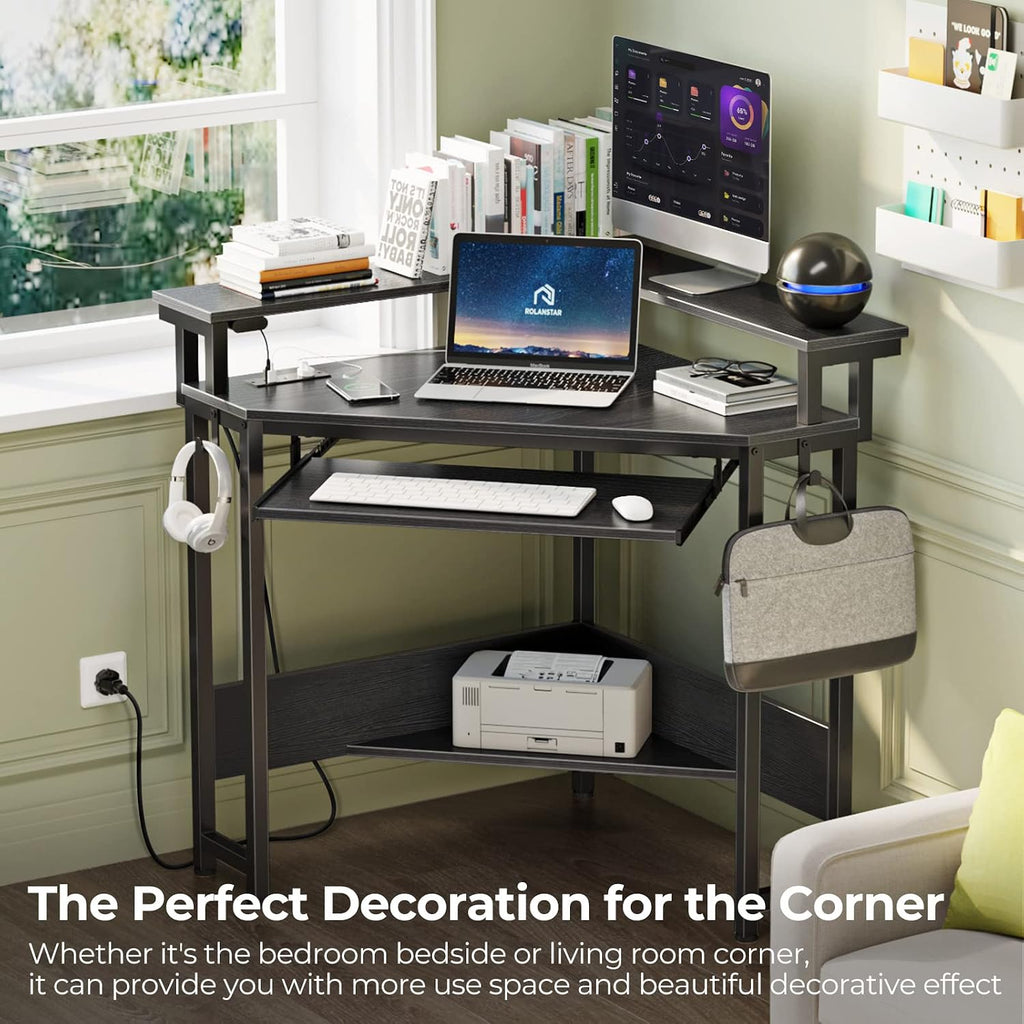 Rolanstar Corner Desk,44' W x 34' H Small Computer Desk with Power Outlets, Gaming Desk with LED Lights, Triangle Corner Table with Keyboard Tray & Monitor Stand for Small Space, Black