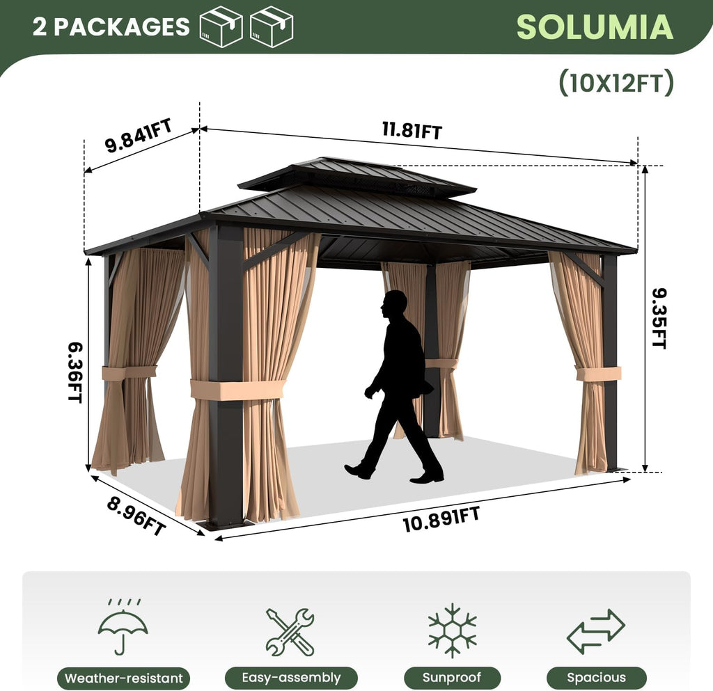 10'x12' Hardtop Gazebo, Galvanized Steel Double Roof Canopy with Aluminum Frame, Outdoor Pavilion with Nettings and Curtains