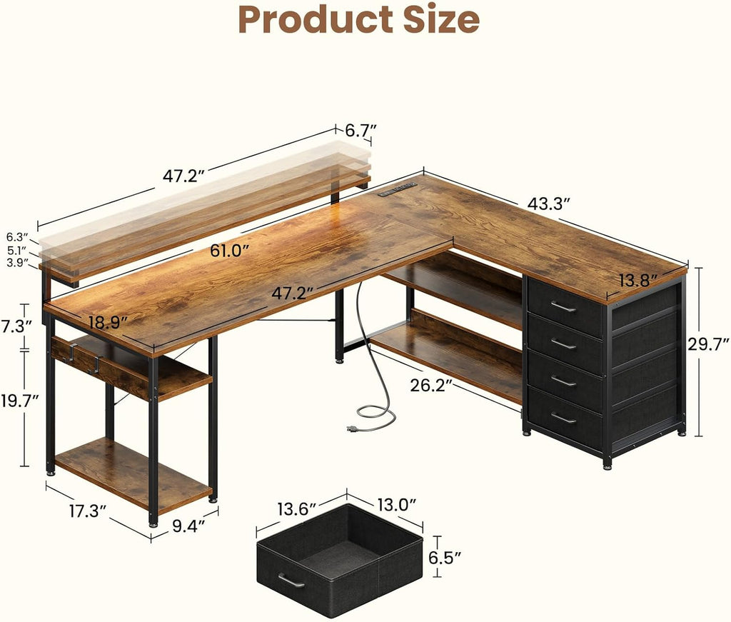 AODK 61' L Shaped Desk with Drawer, Computer Desk with Power Outlets & LED Lights, Reversible Corner Gaming Desks for Home Office Workstation, Office Table with Monitor Shelf, Vintage