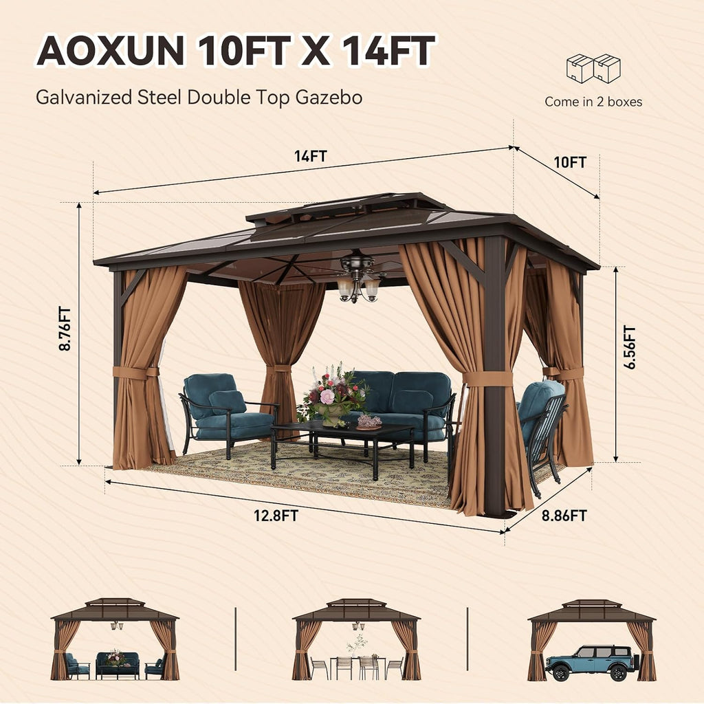 Aoxun 10'x14' Hardtop Gazebo, Outdoor Metal Gazebo with Double Polycarbonate Roof Canopy, Permanent Pavilion with Netting and Curtains for Lawn, Garden, Patio (Khaki)