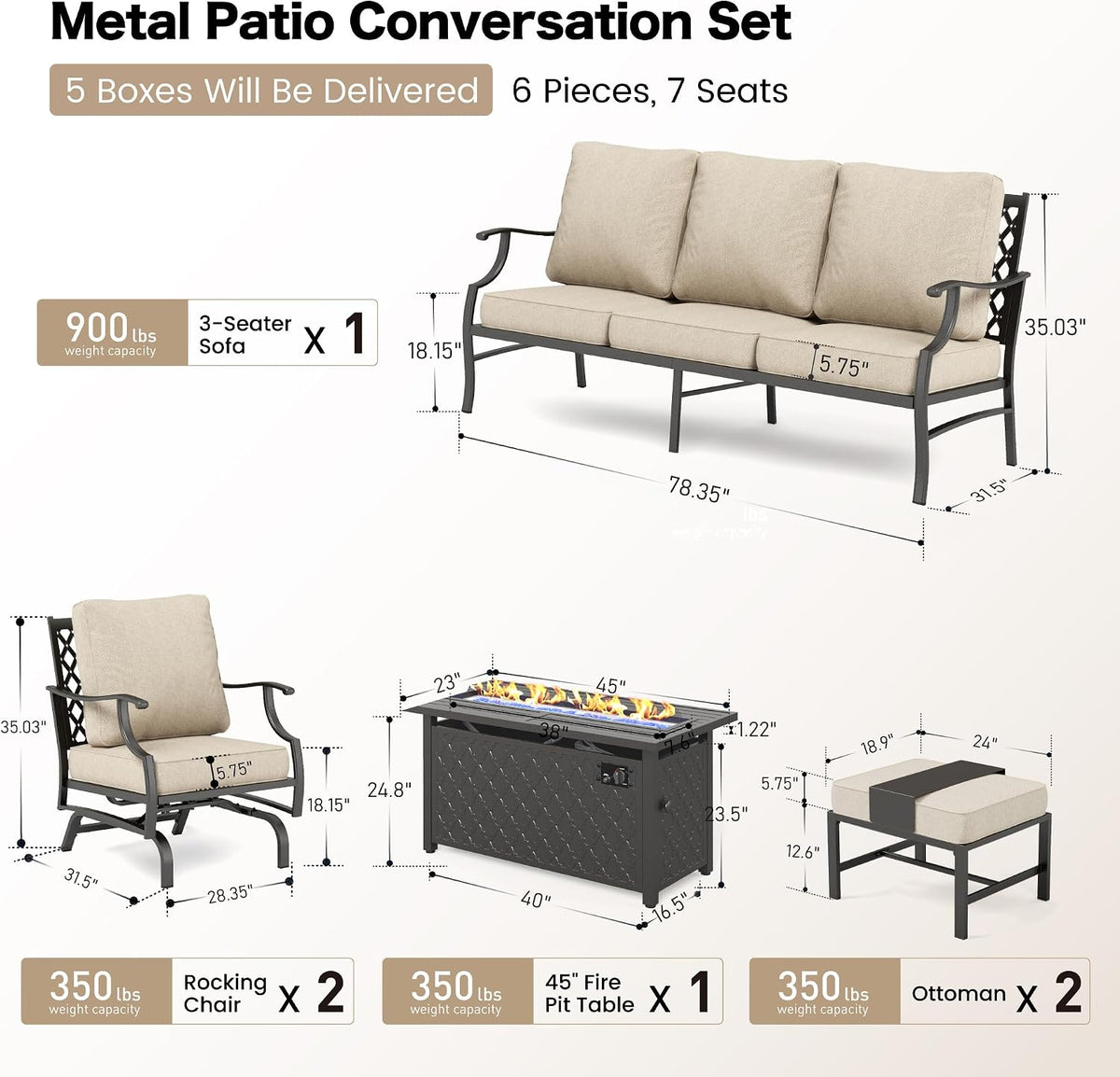 SUNSHINE VALLEY Patio Furniture Set with Firepit Table, Metal Outdoor Patio Furniture, 2 Rocking Chairs, 3 Seater Sofa, 2 Ottomans with 5.75' Extra Thick Cushion and Gas Firepit Table for Backyard