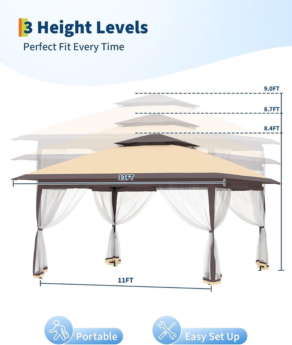 Canopy Tent 13x13 ft, Pop Up Gazebo One-Push Setup with 4 SandBags for Backyard Parties and BBQs, Mosquito Netting & Height Adjustable - Khaki & Coffee