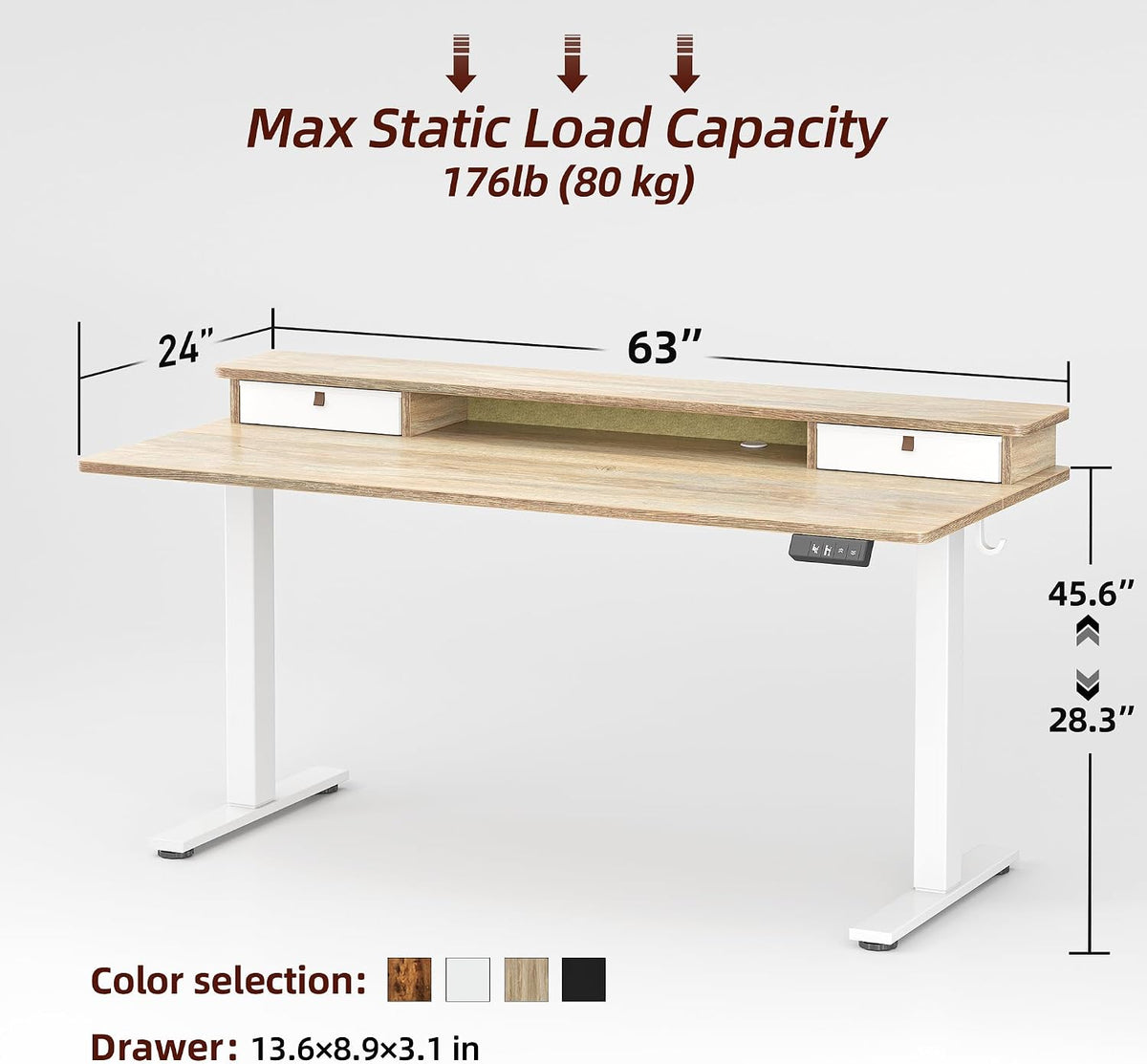 TIQLAB Standing Desk with Two Drawers, Stand Up Standing Desk Adjustable Height, Electric Sit Stand Table with Storage Shelf and Splice Board, 63 * 24 inch, Maple