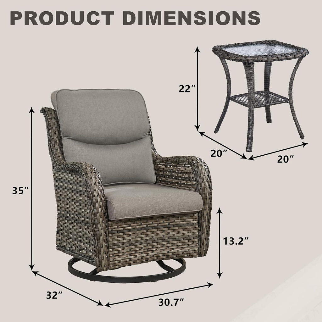 Rilyson Wicker Rocking Chair Swivel Chairs - 3 Piece Rocker Patio Furniture Set Rattan Rocking Bistro Sets with Glass Top Side Table for Outdoor Porch Deck Garden Backyard (Mixed Grey/Grey/Smile)