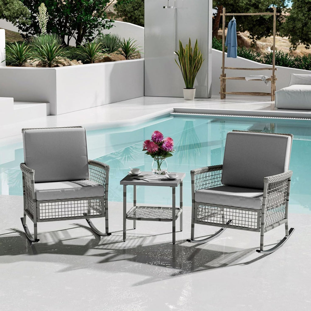 DECMICO 3-Piece Wicker Rocking Chair Set, Patio Bistro Furniture with Cushions & Side Table, Rattan Outdoor Conversation Bistro Set for Outdoor Use, Grey