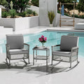 DECMICO 3-Piece Wicker Rocking Chair Set, Patio Bistro Furniture with Cushions & Side Table, Rattan Outdoor Conversation Bistro Set for Outdoor Use, Grey