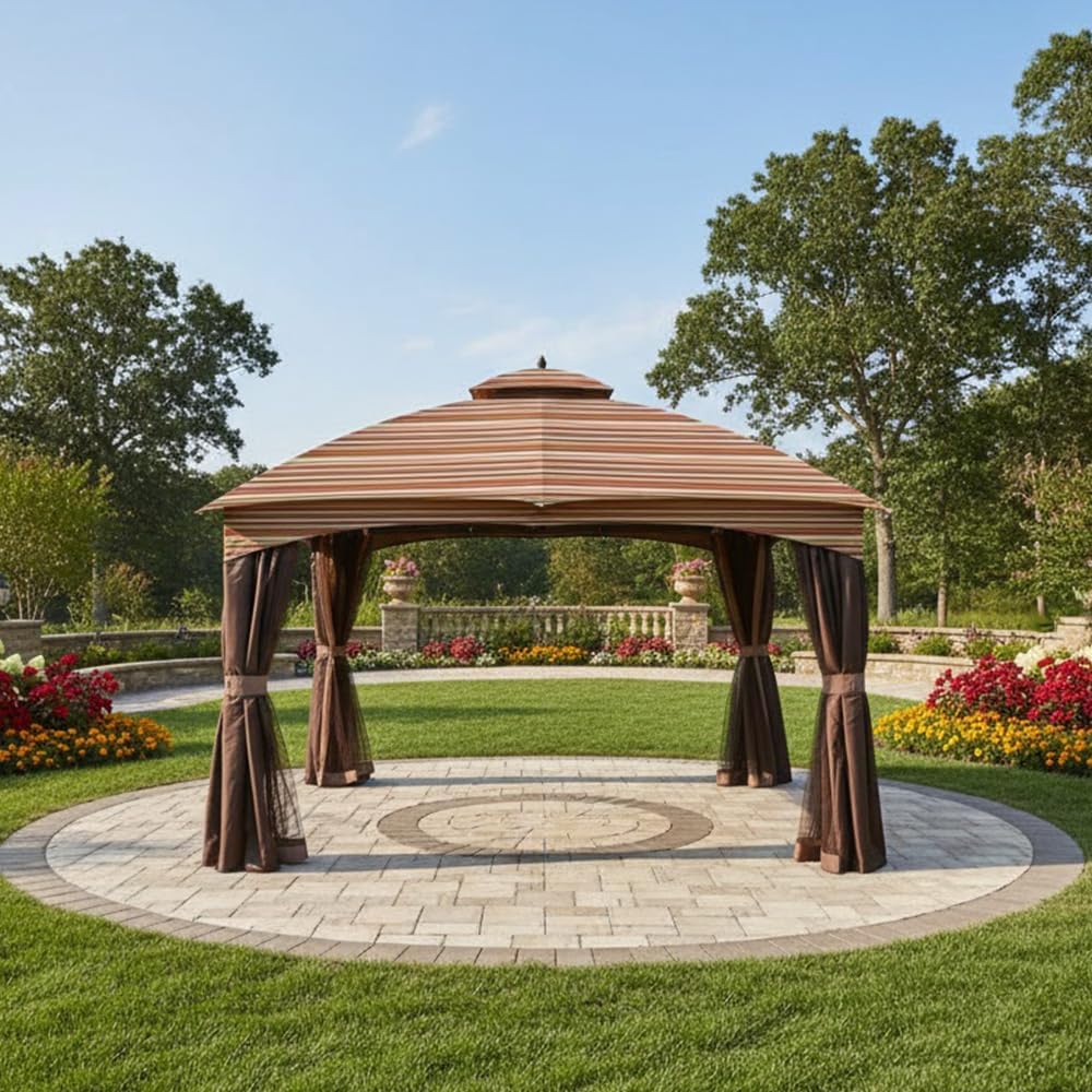 Garden Winds Durable 350 Replacement Canopy Top Compatible with Allen Roth 10' x 12' Gazebo Models GF-12S004B, TPGAZ17-002 - Stripe Canyon