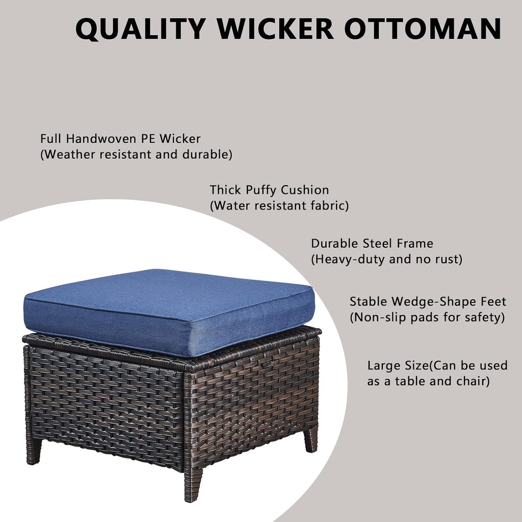 Rilyson Wicker Patio Furniture Set - 5 Piece Rattan Outdoor Sectional Conversation Sets with 2 Chairs,2 Ottomans and 1 Side Table for Porch Deck Garden(Brown/Blue)